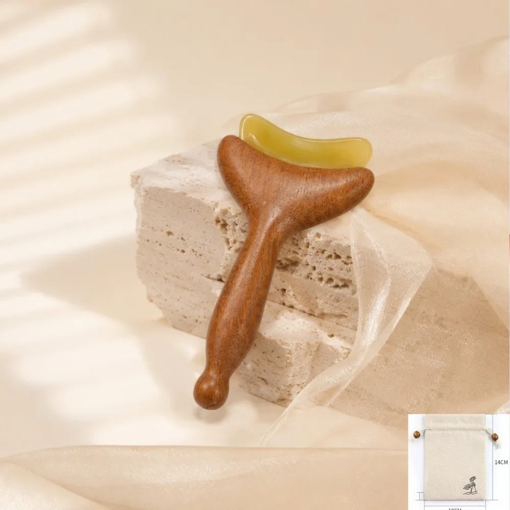 Wooden Handle Gua Sha Facial Massage Tool + Storage Pouch