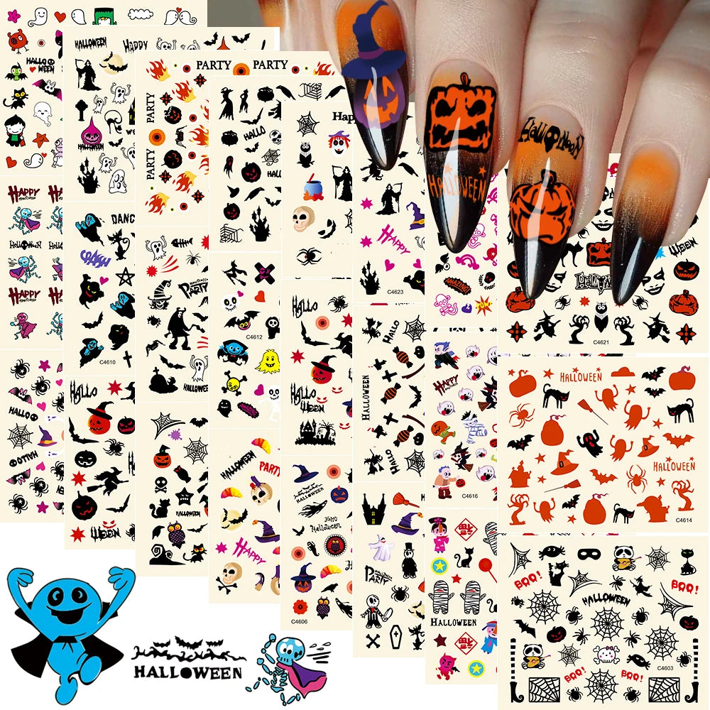 24pcs 3D Halloween Nail Stickers – Pumpkin Ghost Skull Decals Nail Art Stickers PRIMED