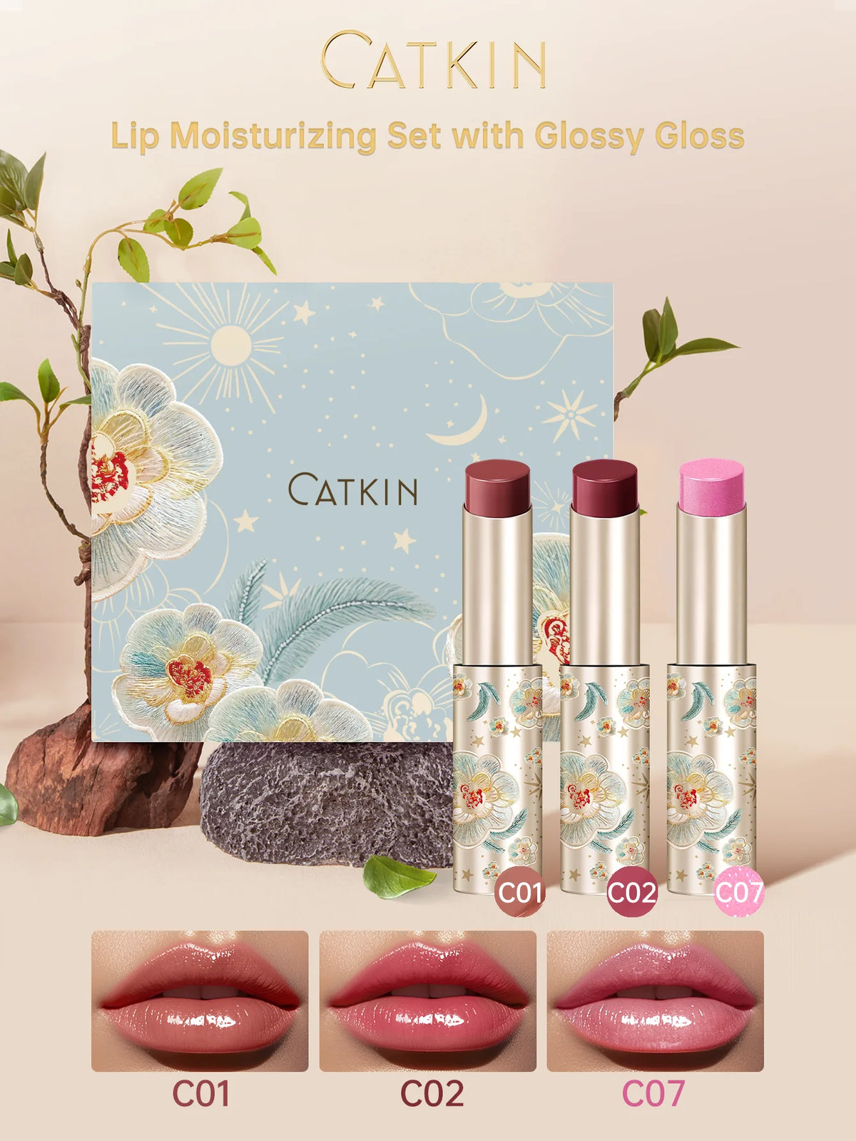 CATKIN 3PCS Glossy Lip Balm Set | Mirror Shine 12H Hydration Lip Balm Set PRIMED