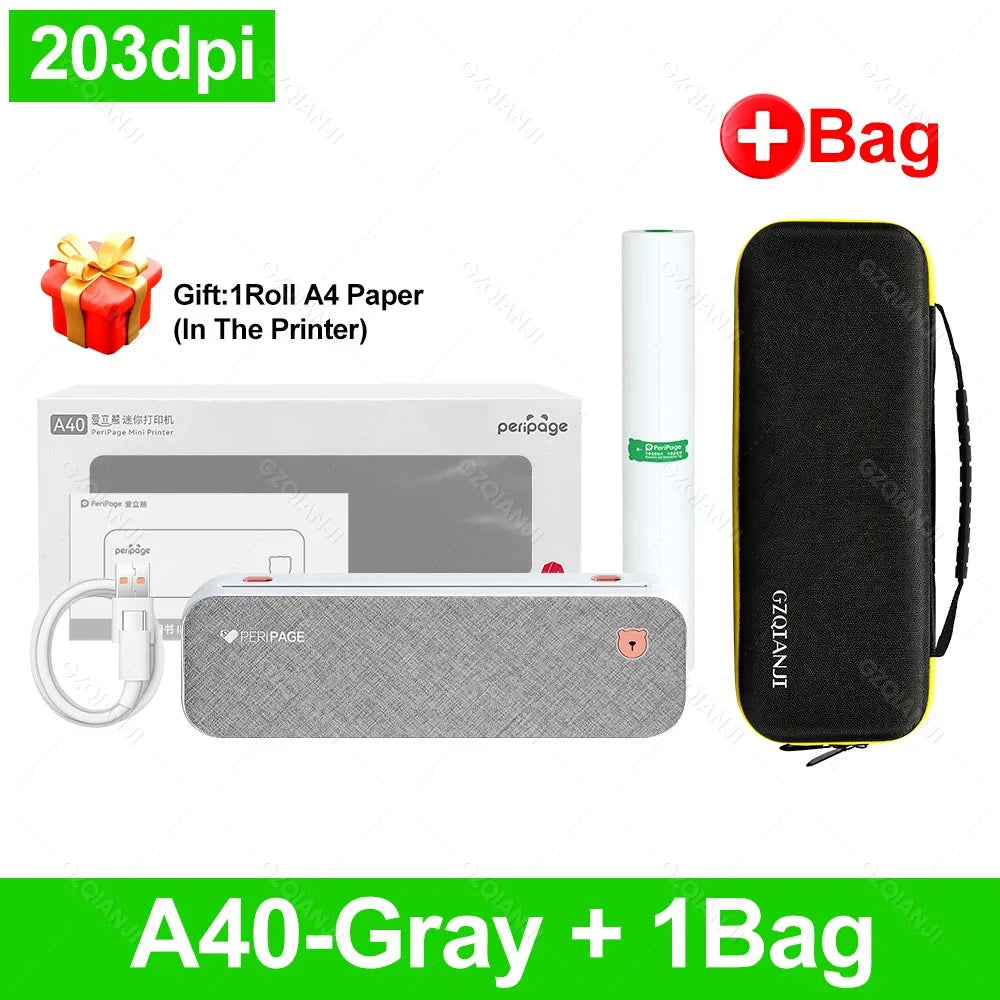 PeriPage A40 Portable A4 Bluetooth Thermal Printer + Case Portable Thermal Printer PRIMED 203Gray Add 1Bag