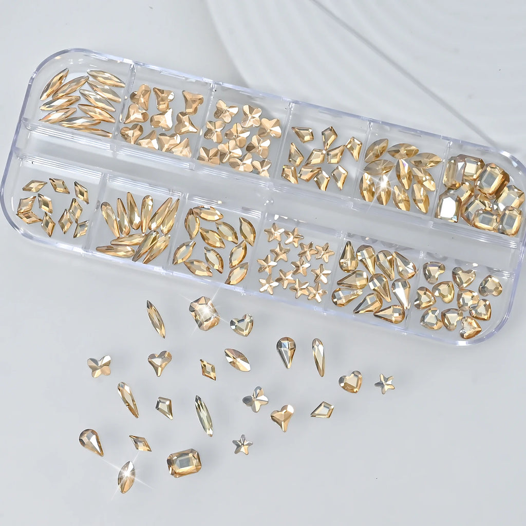 Champagne Gold Nail Art Rhinestones 2-Box Mixed Shapes Zircon