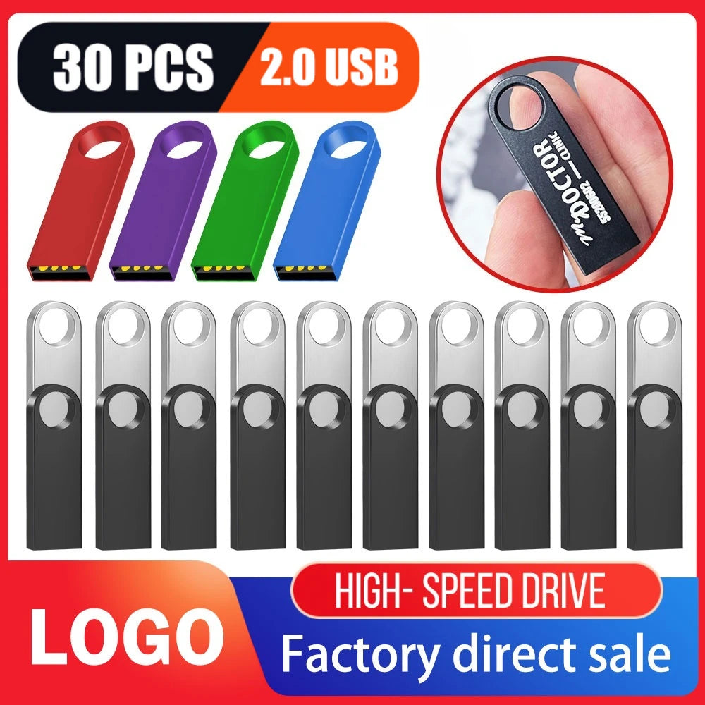 30-Pack Custom Logo USB 2.0 Flash Drives 128MB–128GB Metal USB Flash Drive Pack PRIMED