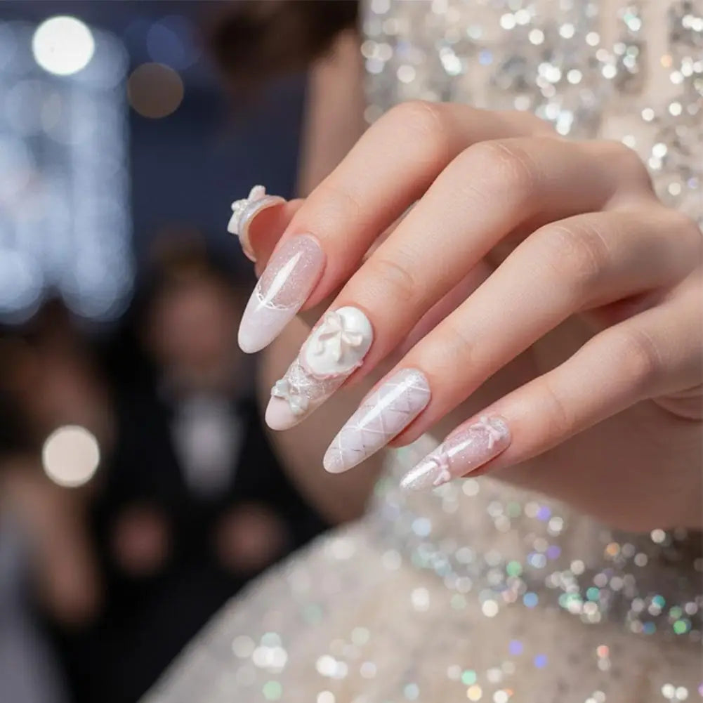 Ballet Pink Press-On Nails – Bow, Lace & Glitter Coffin Set