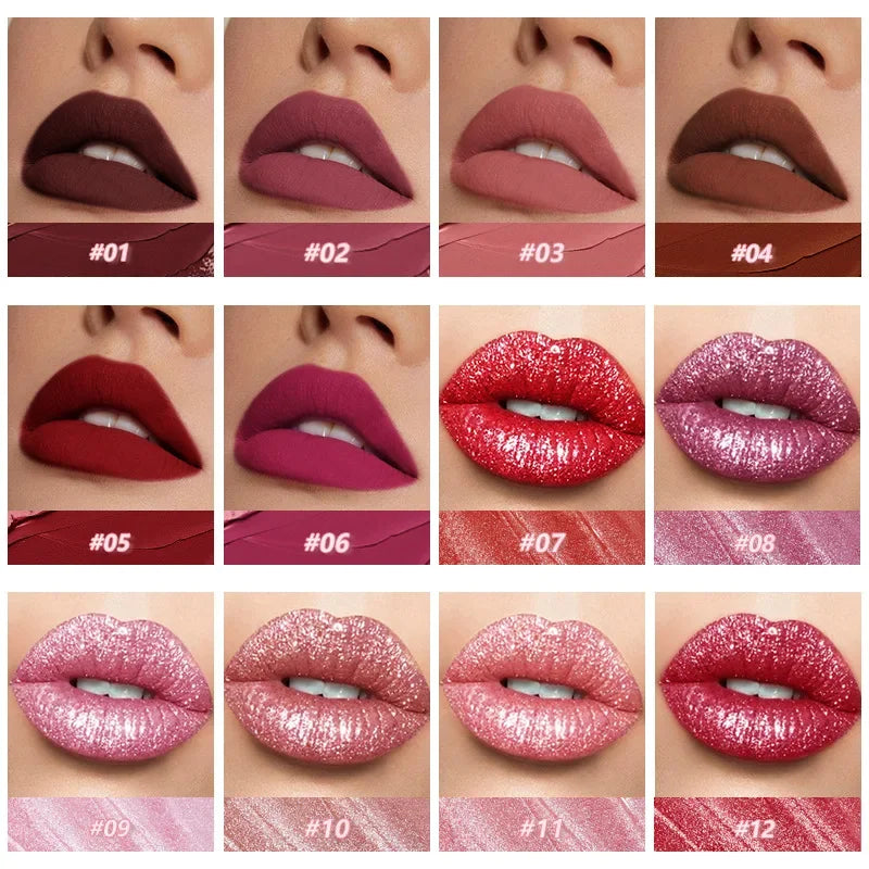 Pudaier 12-Color Matte Glitter Liquid Lip Gloss Set – Nude