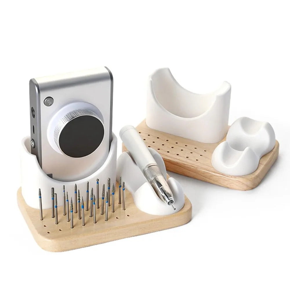 Nail Drill Bit Holder – 24-Hole Wood & Silicone Organizer
