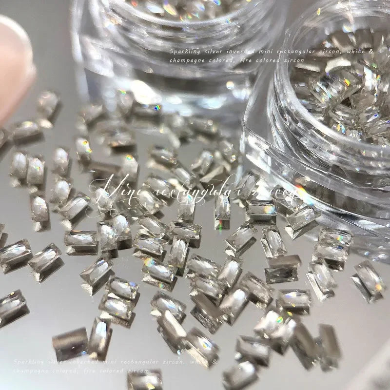 50Pcs Rectangular Zirconia Nail Rhinestones 2×4mm Clear & Champagne Nail Art Rhinestones PRIMED