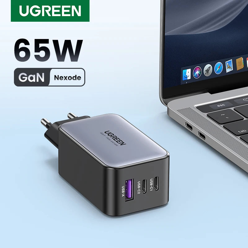 UGREEN 65W GaN 3-Port USB-C PD Fast Charger for Laptop & Phone USB-C Wall Charger PRIMED