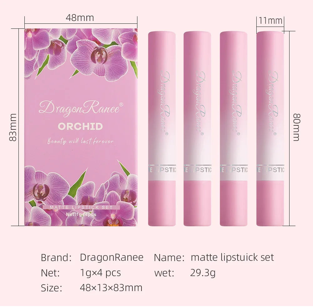 Dragon Ranee 4pc Velvet Matte Cigarette Lipstick Set – Waterproof Matte Lipstick Set PRIMED