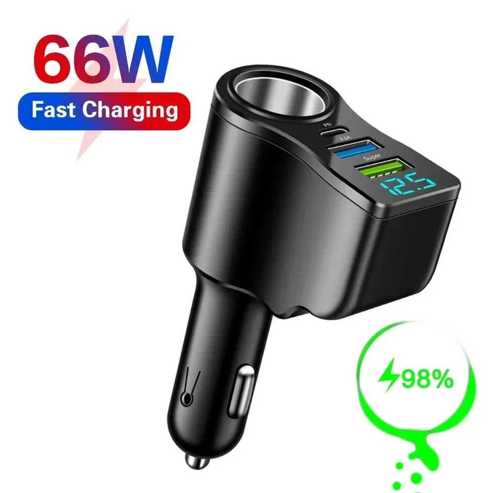 66W 4-Port Car Charger – USB-C PD & Dual USB Fast Charging Car Charger Adapter PRIMED