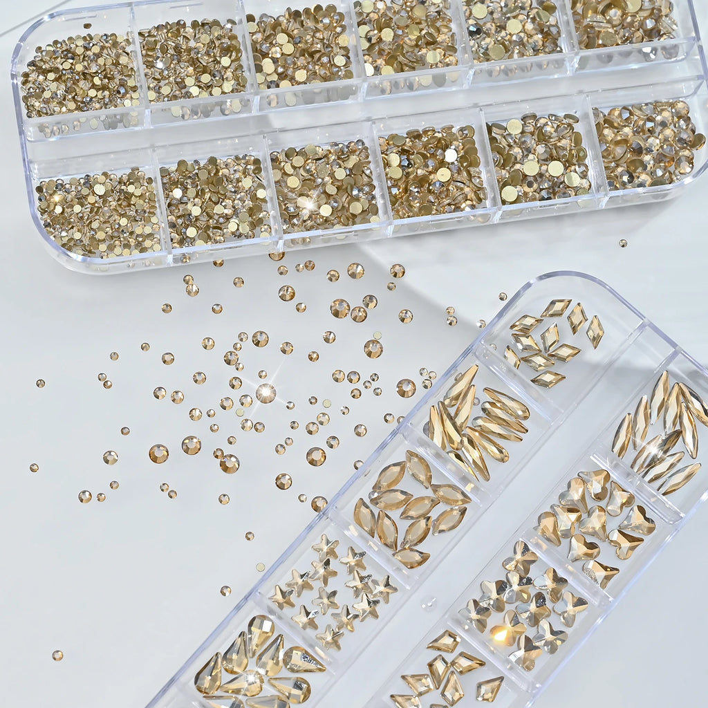 Champagne Gold Nail Art Rhinestones 2-Box Mixed Shapes Zircon
