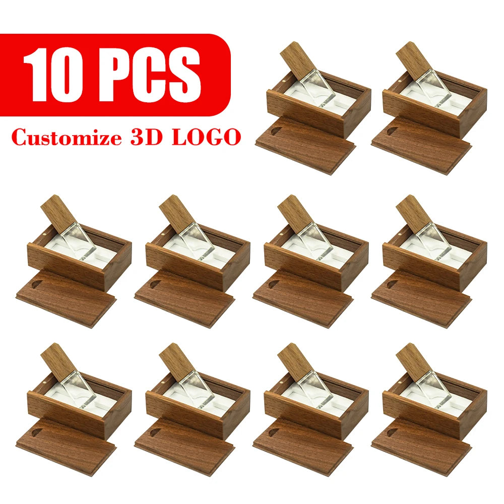 10-Pack Crystal USB Flash Drives | Custom Logo Wedding Gift Crystal USB Flash Drive PRIMED 128GBx10pcs Walnut and box