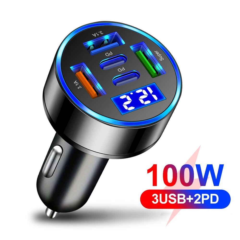 100W 5-Port Car Charger PD QC3.0 USB-C Fast Charge Adapter Car Charger Adapter PRIMED