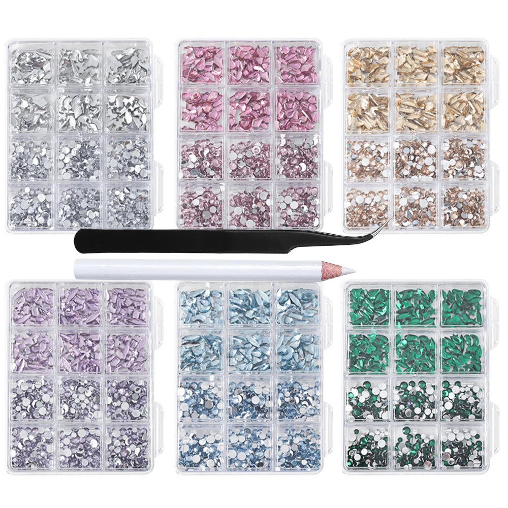 3D Crystal Nail Rhinestones Kit – 12 Shapes, Gems & Tweezer Nail Rhinestone Kit PRIMED