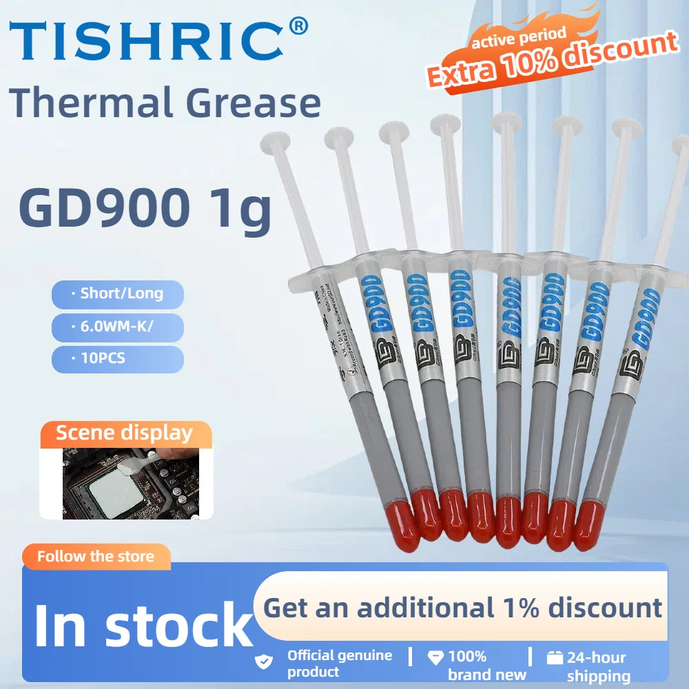 TISHRIC GD900 Thermal Paste 10-Pack 1g – CPU PC Cooling Thermal Grease Paste PRIMED