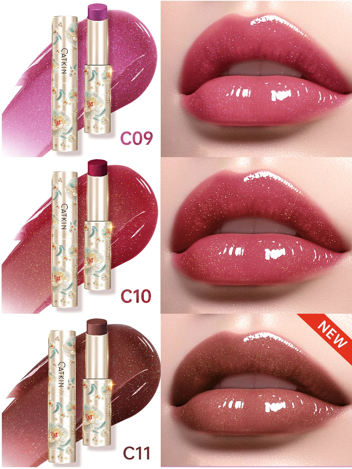 CATKIN 3PCS Glossy Lip Balm Set | Mirror Shine 12H Hydration Lip Balm Set PRIMED C09 C10 C11