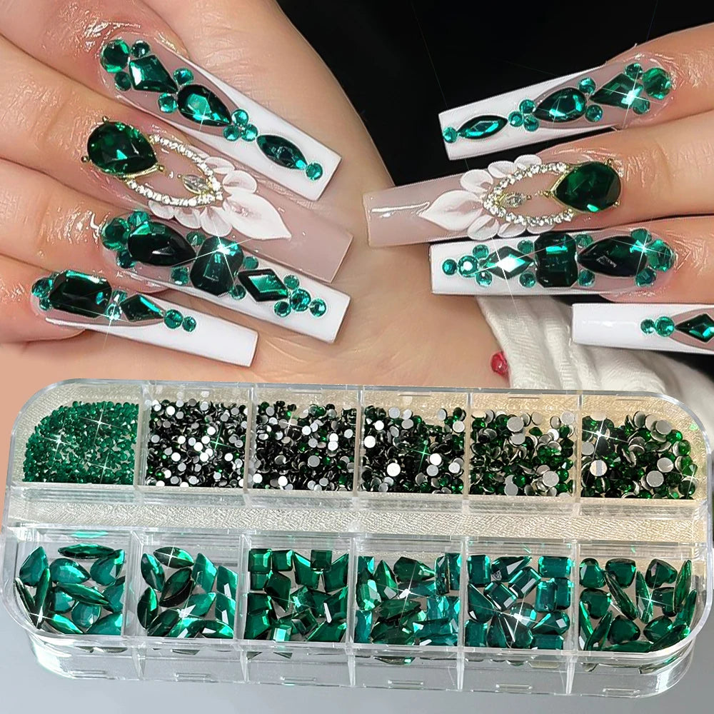 12-Grid Green Nail Rhinestones | Mixed 3D Glass Crystal Gems Nail Art Rhinestones PRIMED A3