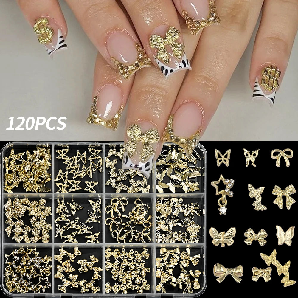 120Pcs 3D Nail Charms – Bows, Butterflies & Star Frames Nail Art Charms PRIMED