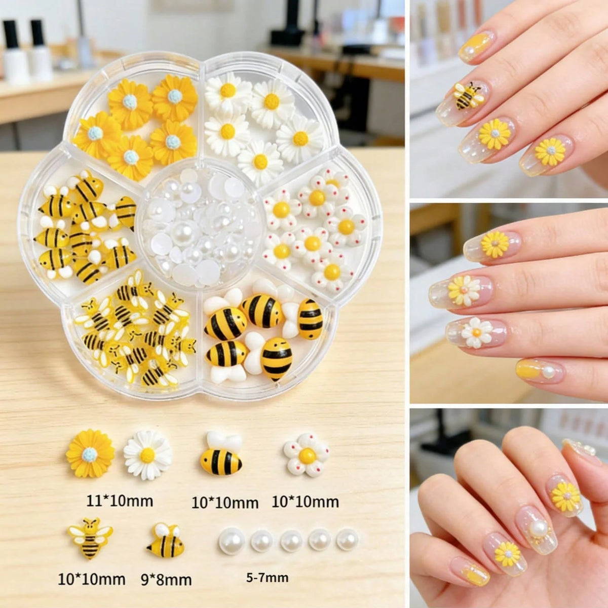 7-Grid Daisy Bee Nail Charms – Spring Flowers & Pearls Set Nail Art Charms PRIMED A1