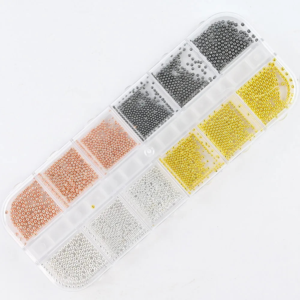 Nail Art Metal Round Beads 0.8–3.0mm Gold Silver | 12-Grid Box Nail Art Beads PRIMED PH138-07