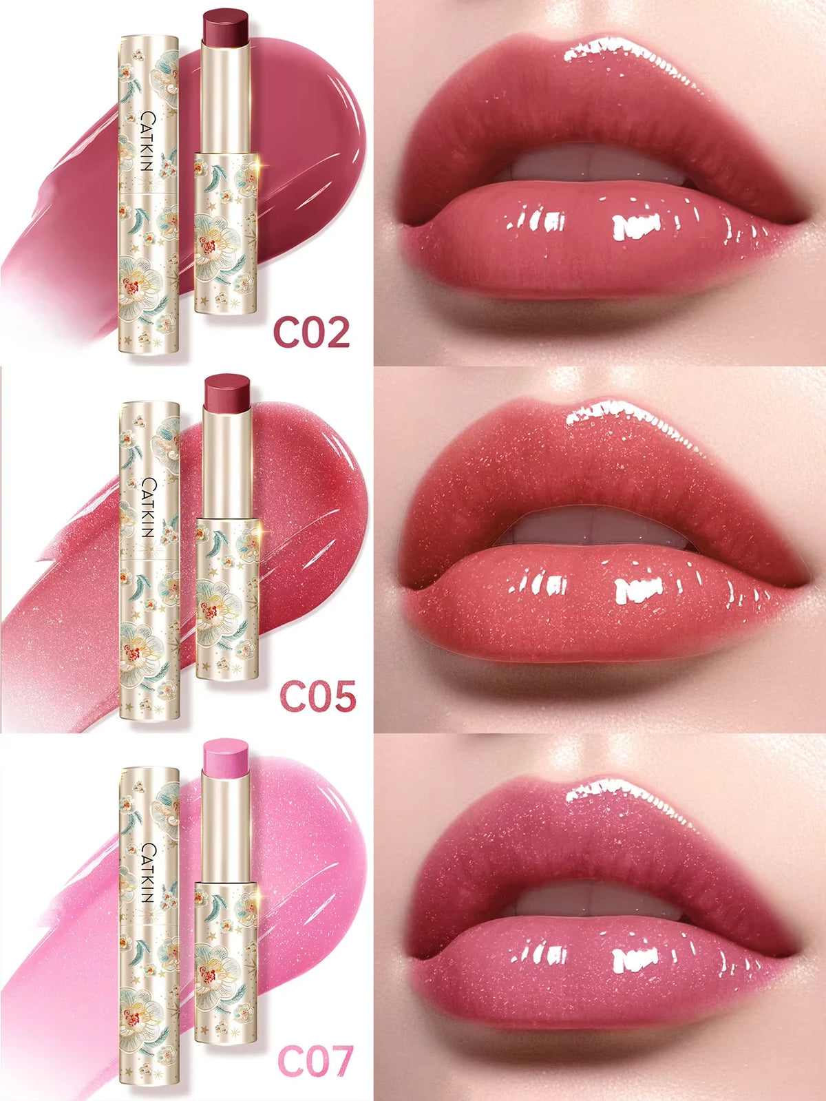 CATKIN 3PCS Glossy Lip Balm Set | Mirror Shine 12H Hydration Lip Balm Set PRIMED C02 C05 C07
