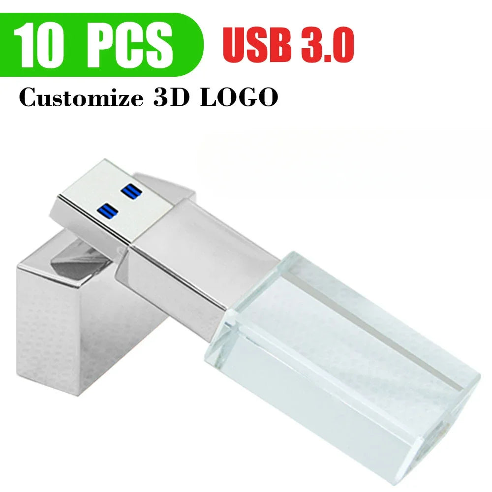 10 PCS Crystal USB 3.0 Flash Drives – LED Light, Free Logo USB Flash Drive PRIMED 16GB x10pcs silver crystal