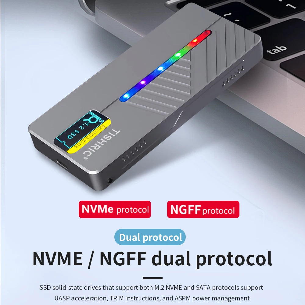 TISHRIC RGB M.2 NVMe NGFF SSD Enclosure USB-C 10Gbps 4TB SSD Hard Drive Enclosure PRIMED