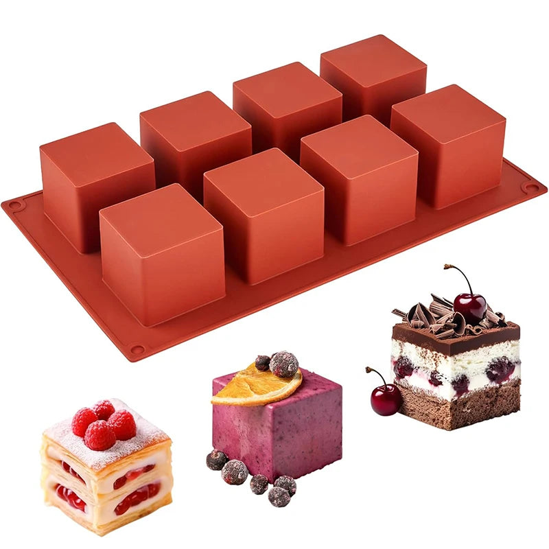 8-Cavity Silicone Cube Cake Mold – Mousse, Brownie & Chocolate Silicone Baking Mold PRIMED