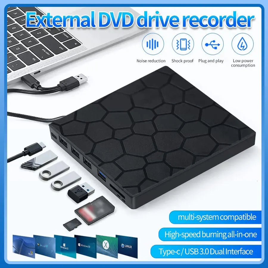 GGBEE 7-in-1 External CD/DVD Burner Drive USB 3.0 & Type-C External Optical Drive PRIMED