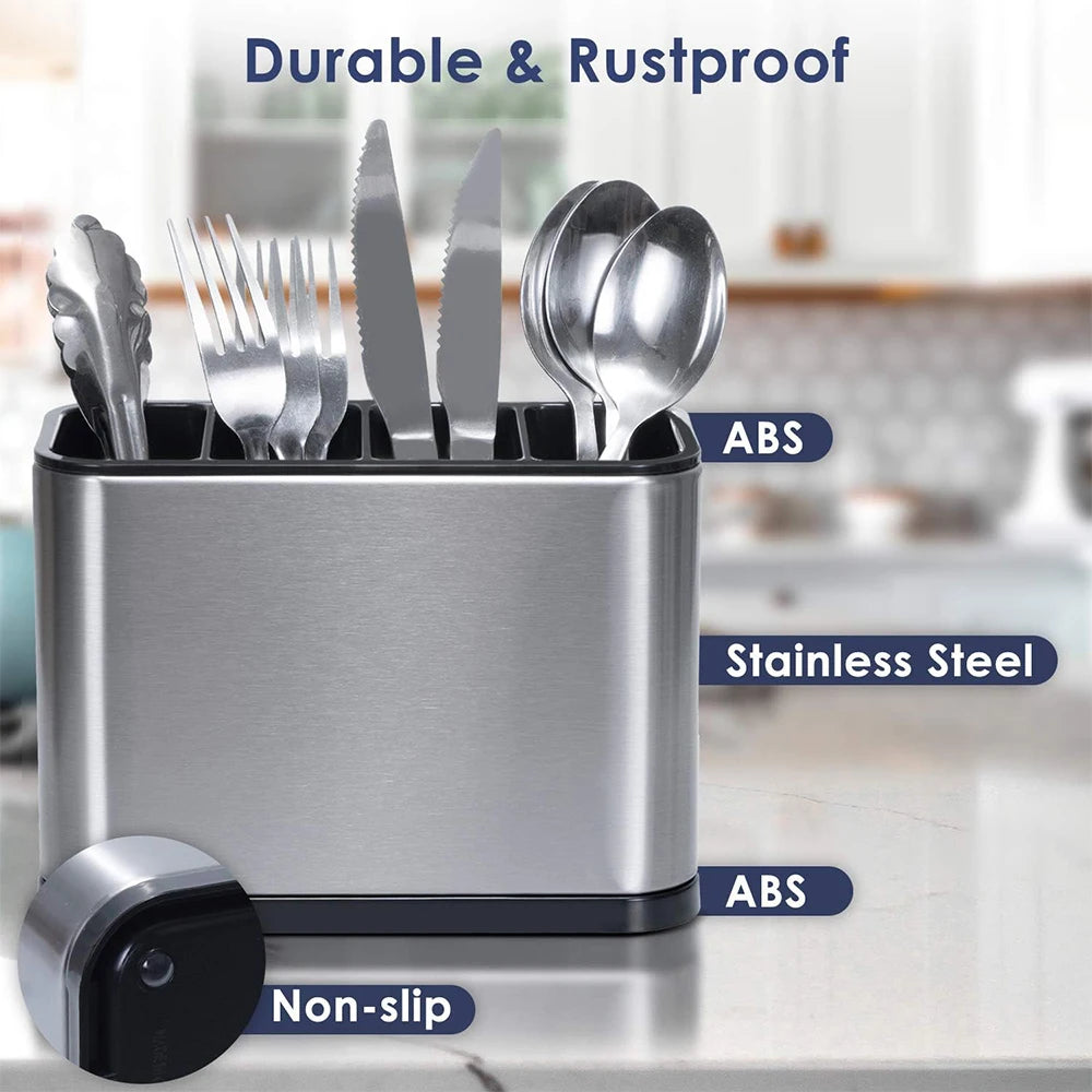 Stainless Steel Silverware Caddy & Utensil Drying Rack 4 Compartments Cutlery Organizer PRIMED