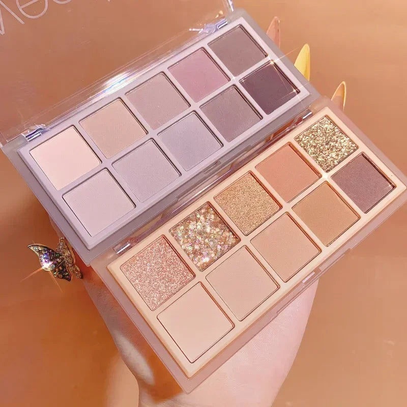 10-Color Glitter Shimmer Eyeshadow Palette – Waterproof & Nude