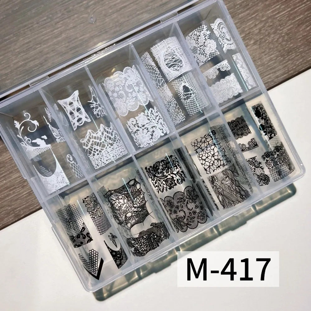Lace Rose Nail Foil Stickers – Black White Sequin Manicure