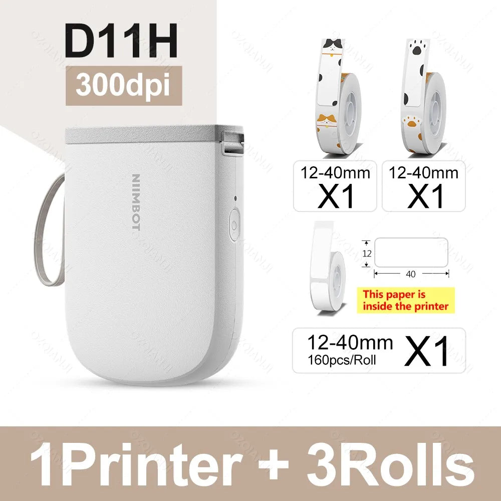 Niimbot D11H 300DPI Bluetooth Portable Thermal Label Printer Thermal Label Printer PRIMED WH Add 3Rolls