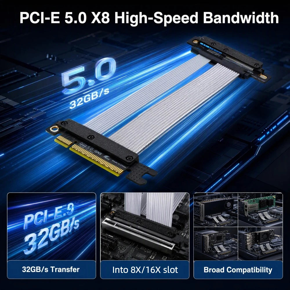 TISHRIC PCIe 5.0 x8 Riser Extension Cable 30CM 32GB/s Shielded PCIe Riser Cable PRIMED