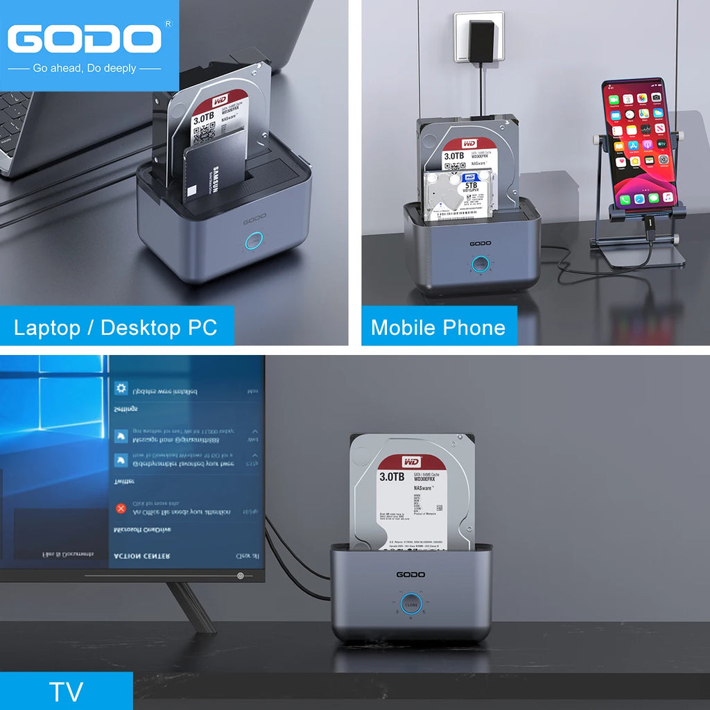GODO Dual Bay HDD SSD Docking Station USB 3.0 Offline Clone HDD Docking Station PRIMED