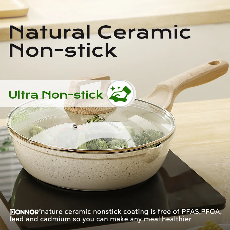 DONNOR Nonstick Frying Pan with Lid – Induction Compatible 28cm Nonstick Frying Pan PRIMED