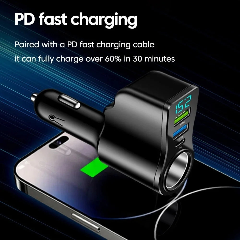 66W 4-Port Car Charger – USB-C PD & Dual USB Fast Charging Car Charger Adapter PRIMED