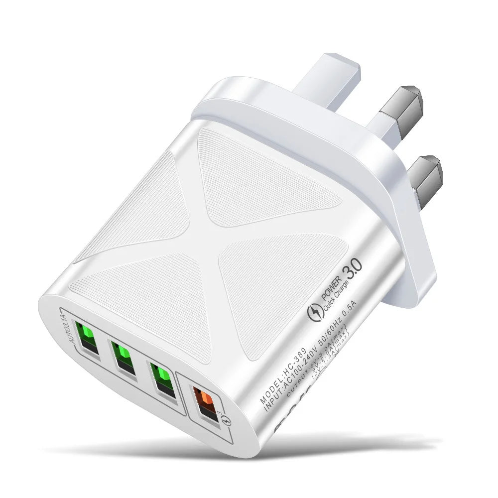 Quick Charge 3.0 4-Port USB Wall Charger | EU US UK Plug USB Wall Charger PRIMED White UK