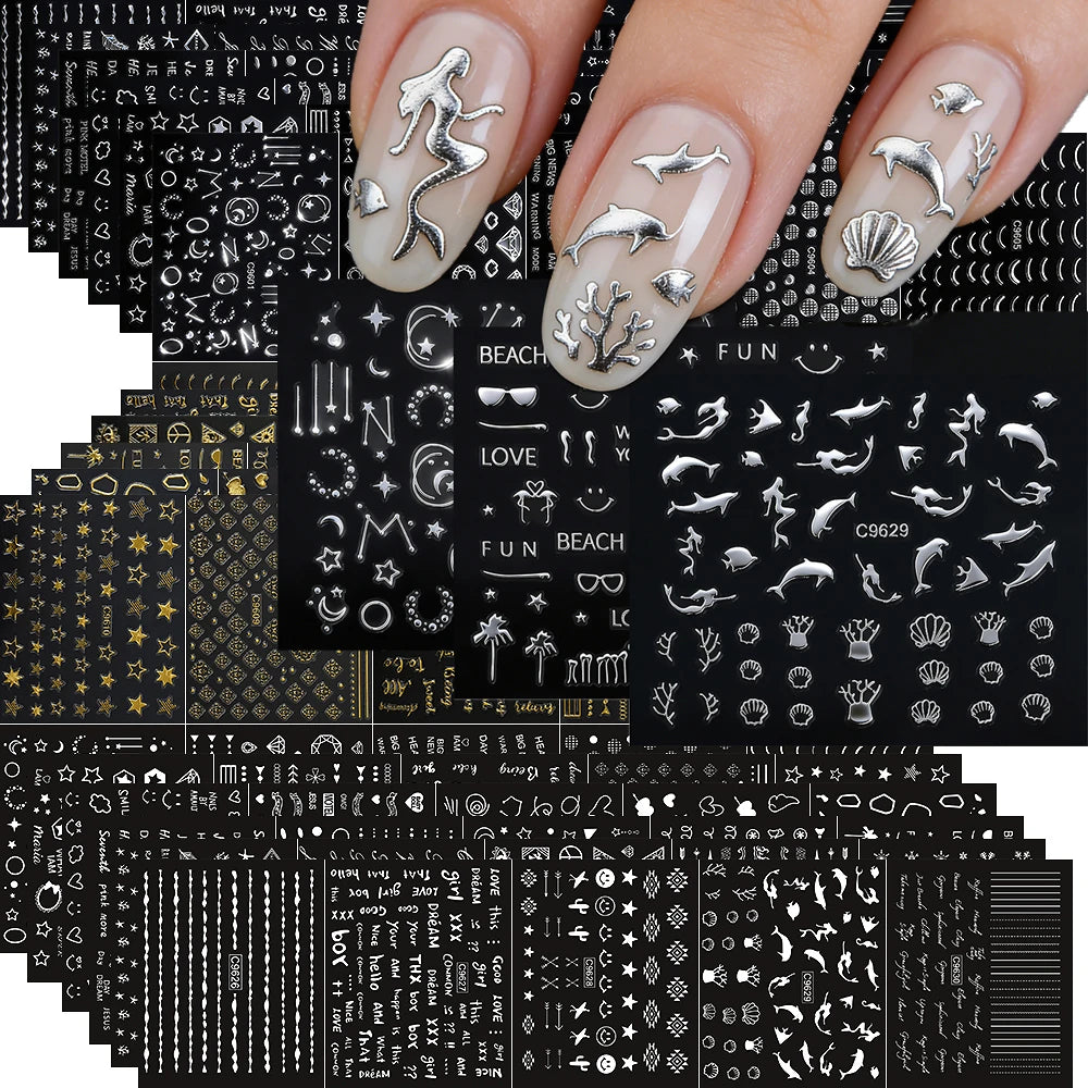 90Pcs 3D Nail Stickers – Stars, Shells & Constellation Decals Nail Art Stickers PRIMED