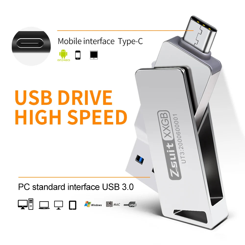 Zsuit 2-in-1 USB-C & USB 3.0 Flash Drive 64GB 128GB Rotate