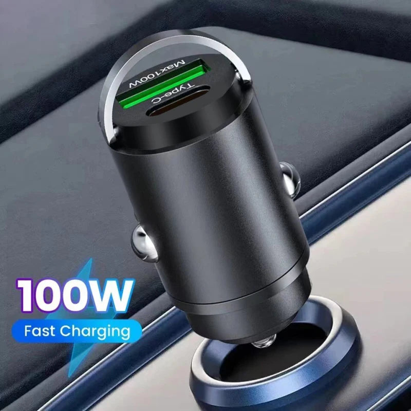 Mini 100W PD QC3.0 Fast Car Charger USB-C + USB-A Adapter Car Charger Adapter PRIMED