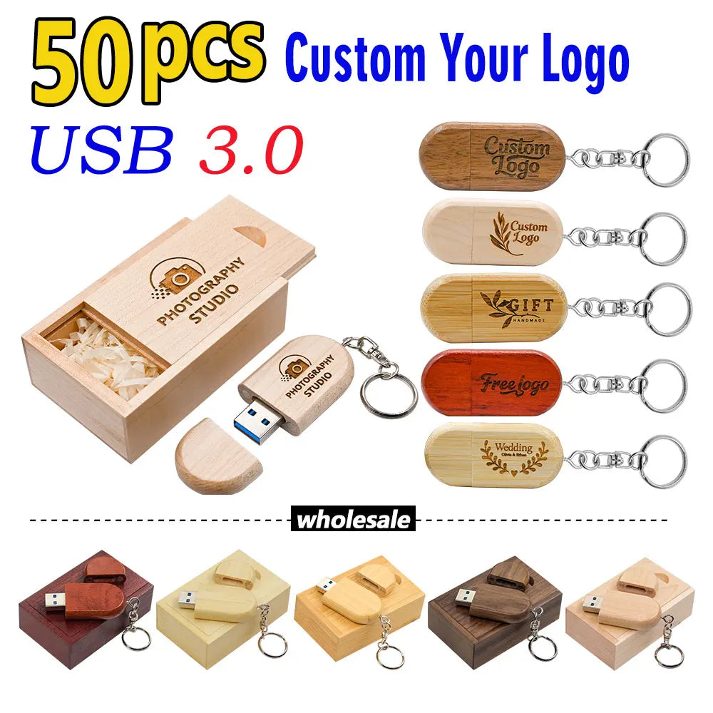 50-Pack Bamboo USB 3.0 Flash Drives 4–128GB | Custom Logo USB Flash Drive PRIMED