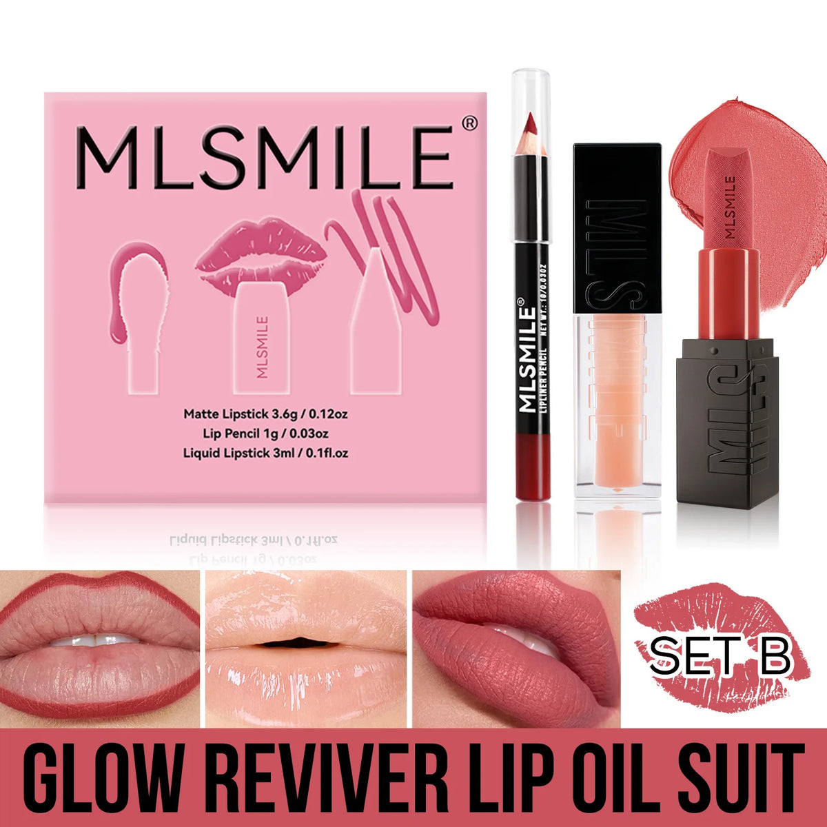 MLSMILE Matte Lipstick Set – Lip Glaze, Liner & Mirror