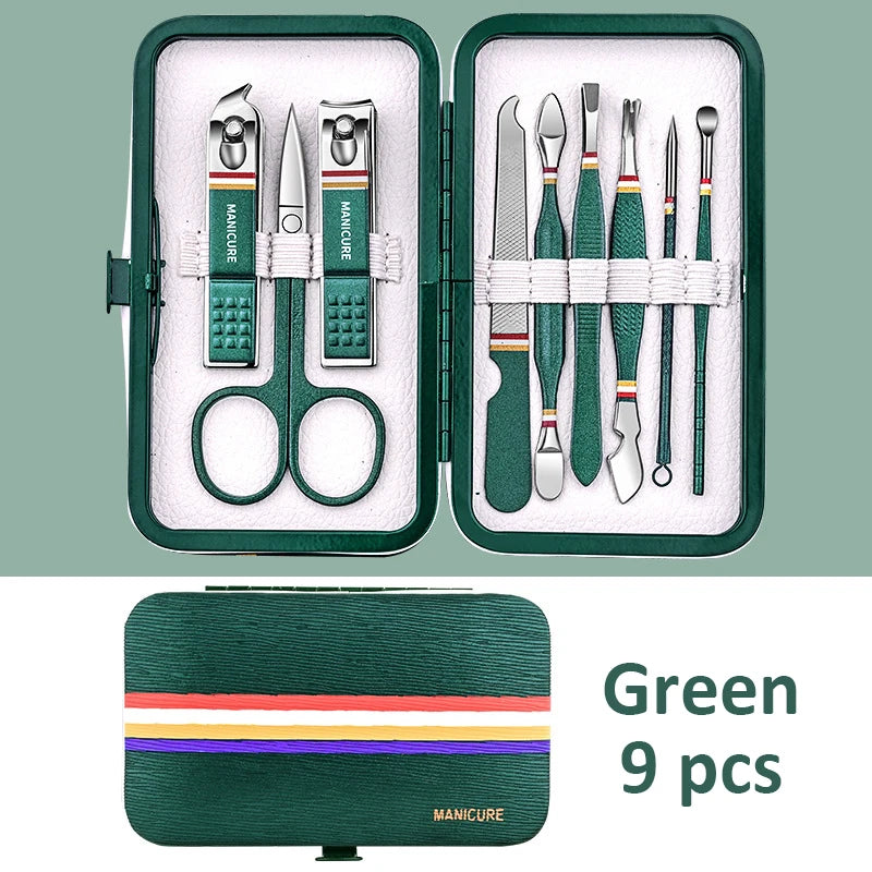 Stainless Steel Manicure Set 9–19 Pcs | Nail Clippers & Bag Manicure Tool Set PRIMED Green 9 pcs