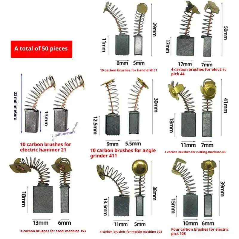 50Pcs Electric Motor Carbon Brushes Set – 8 Models Power Tool