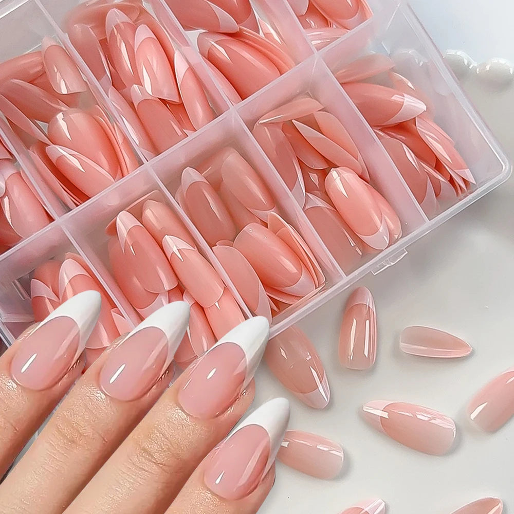 360-Piece Glossy Press On Nails – Pink French Almond Tips Box