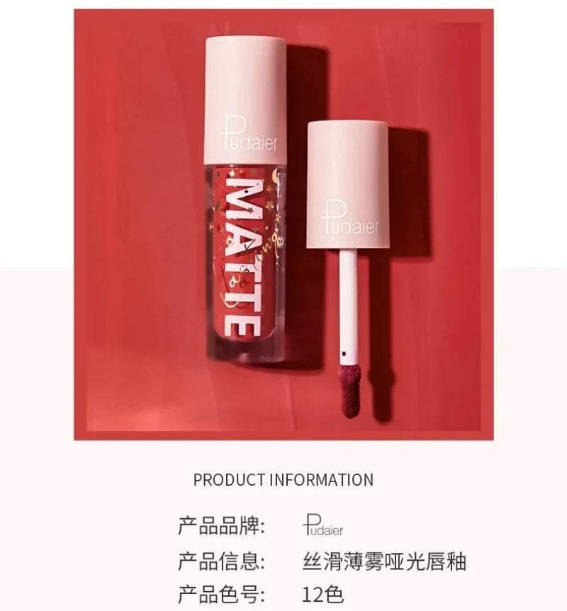 Pudaier 12-Color Matte Liquid Lipstick Set – Nude & Red