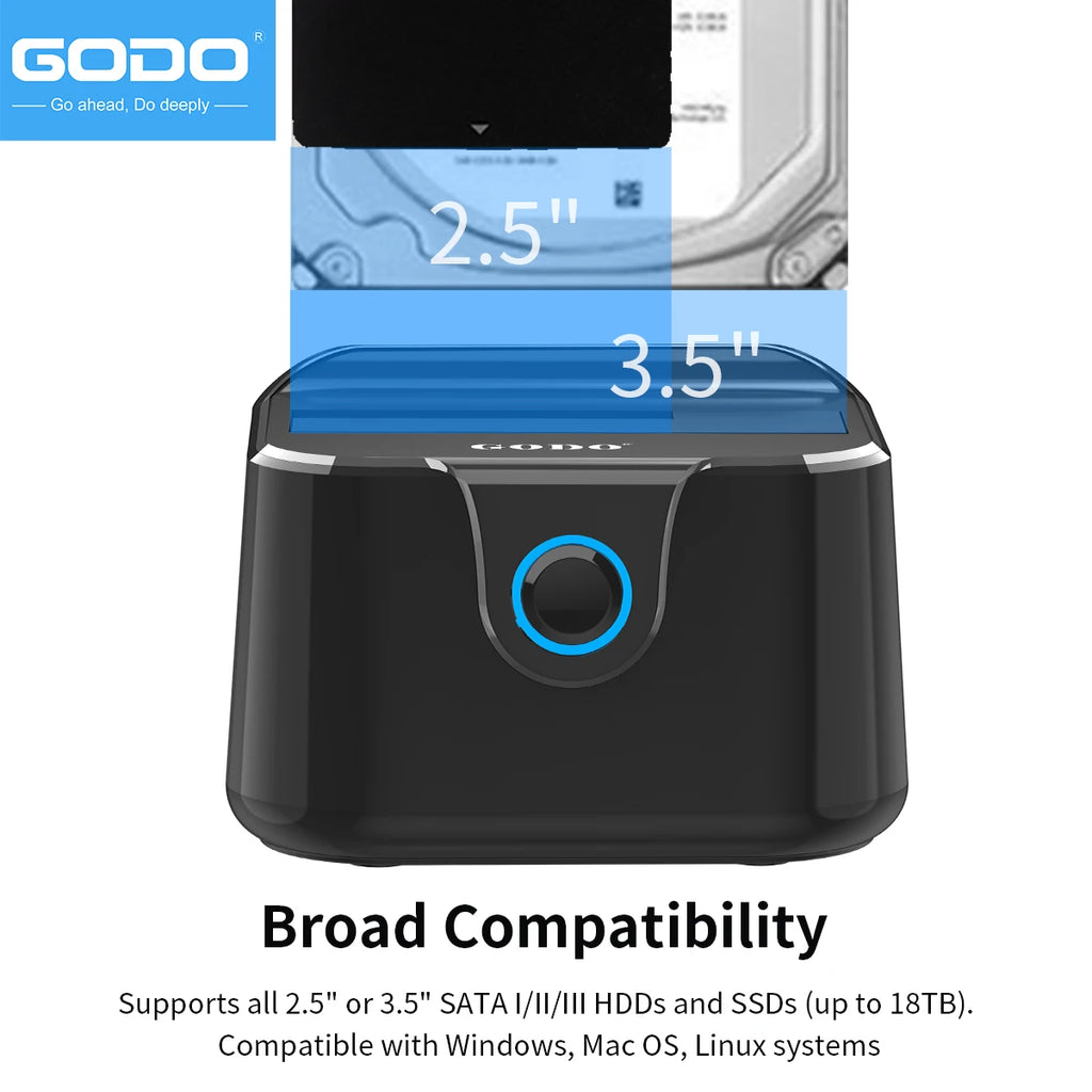 GODO Single Bay USB 3.0 HDD Dock – 2.5/3.5" SATA, 20TB HDD Docking Station PRIMED