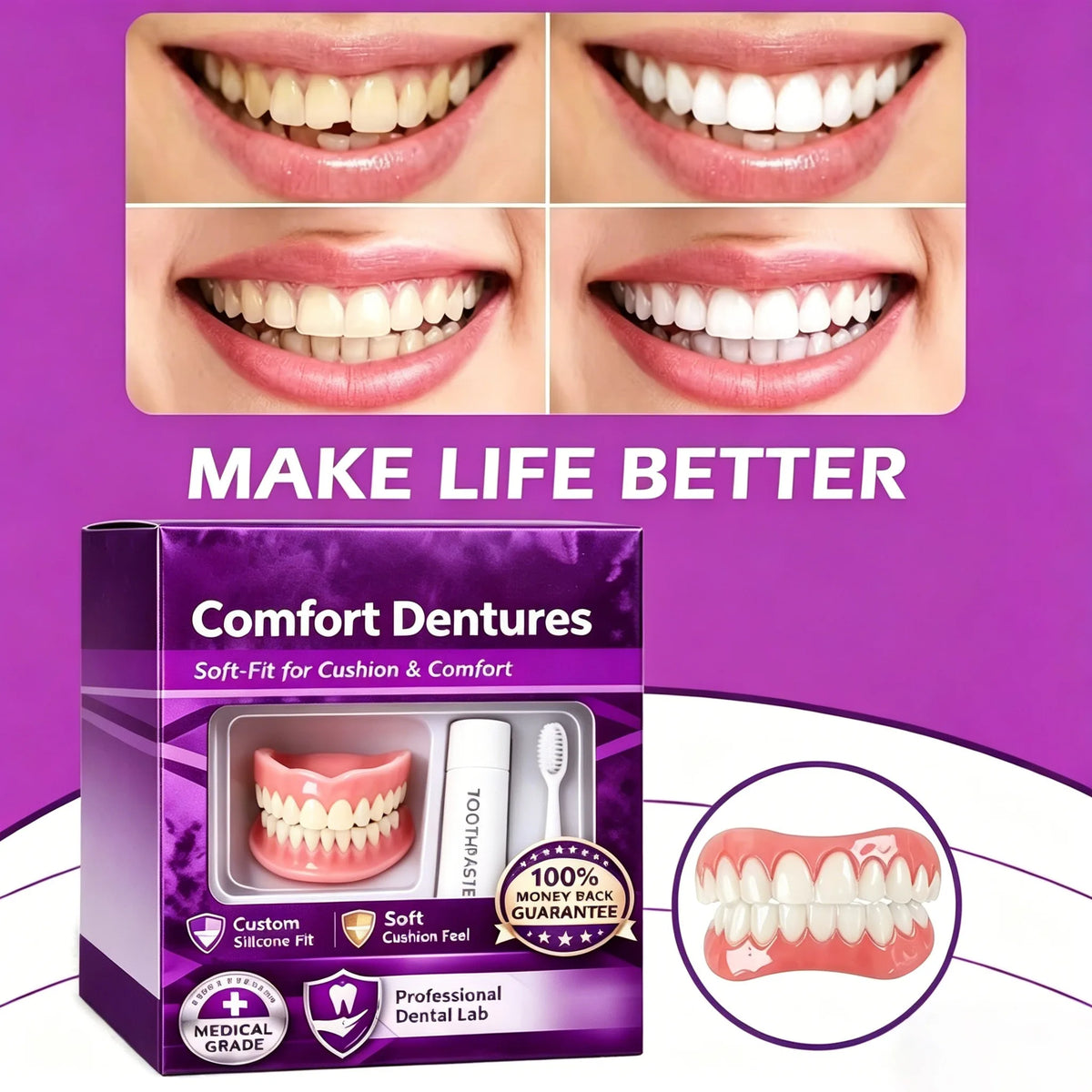 Silicone Dentures Full Set – Upper & Lower Fake Teeth Combo Silicone Dentures PRIMED
