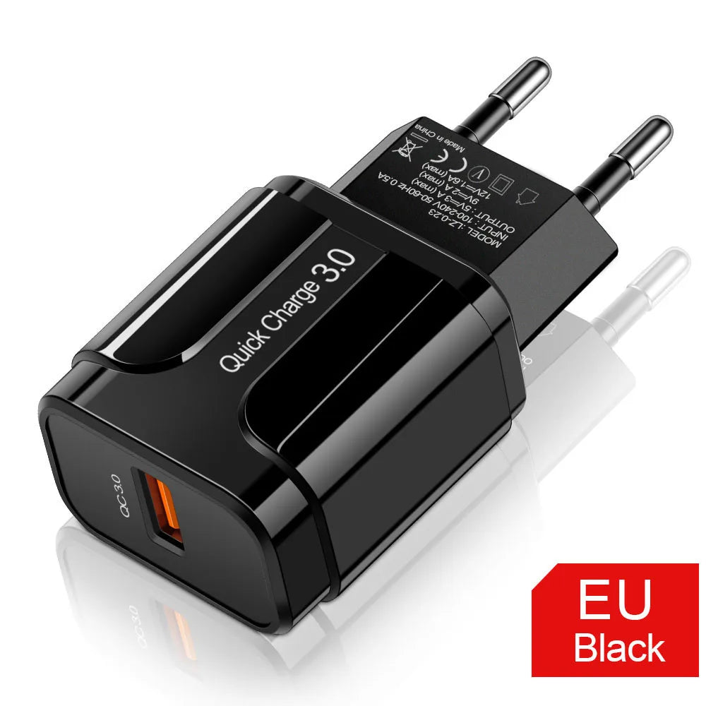 QC3.0 18W Fast USB Wall Charger – EU/US Plug Travel Adapter USB Wall Charger PRIMED Black EU