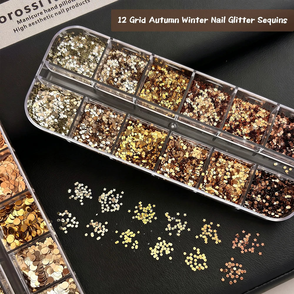 12-Grid Nail Glitter Sequins – Caramel Amber Brown Stars & Dots Nail Art Sequins PRIMED